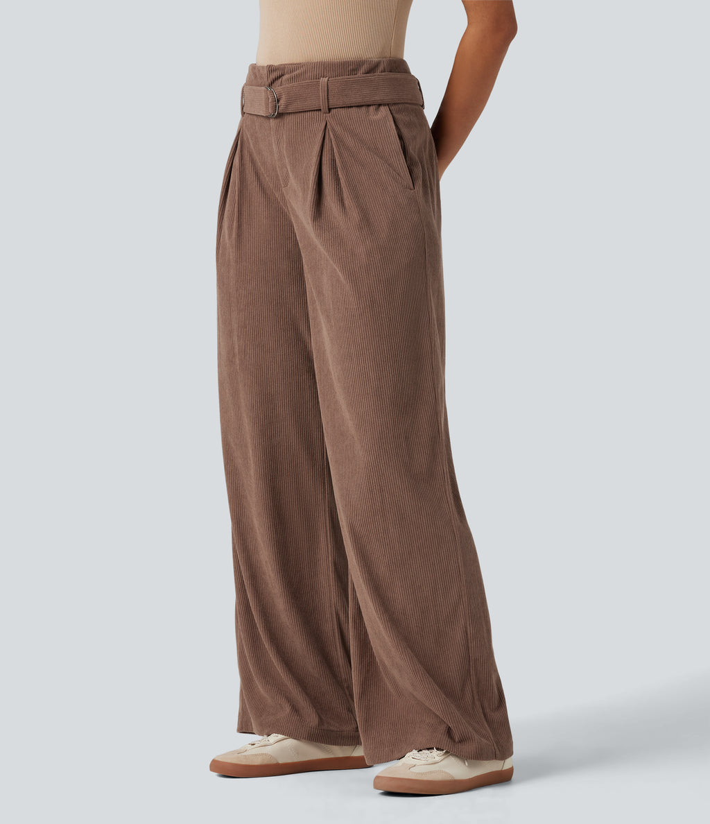 High Waisted Belted Wide Leg Corduroy Casual Trousers with Pockets — Acorn — view 3