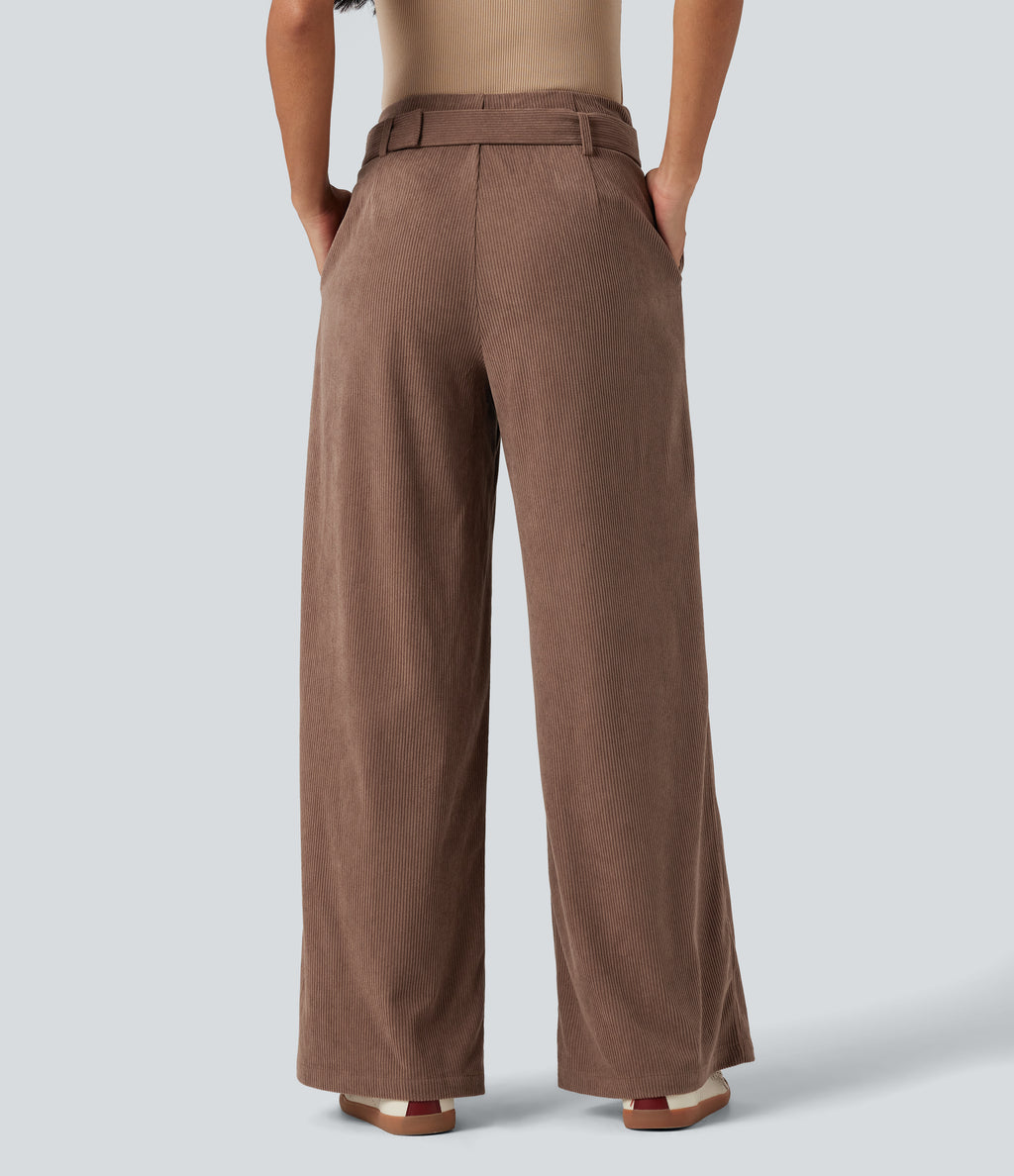 High Waisted Belted Wide Leg Corduroy Casual Trousers with Pockets — Acorn — view 2