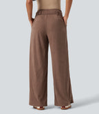 High Waisted Belted Wide Leg Corduroy Casual Trousers with Pockets — Acorn — view 2