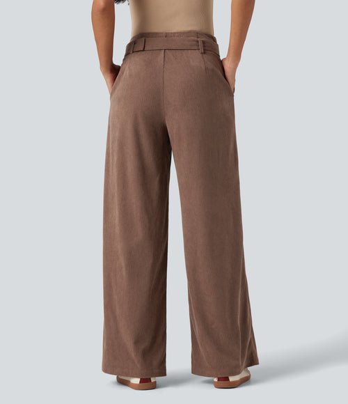 High Waisted Belted Wide Leg Corduroy Casual Trousers with Pockets — Acorn — view 2