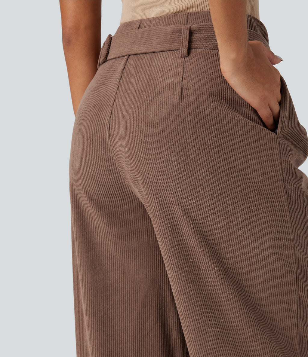 High Waisted Belted Wide Leg Corduroy Casual Trousers with Pockets — Acorn — view 6