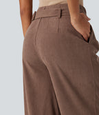 High Waisted Belted Wide Leg Corduroy Casual Trousers with Pockets — Acorn — view 6
