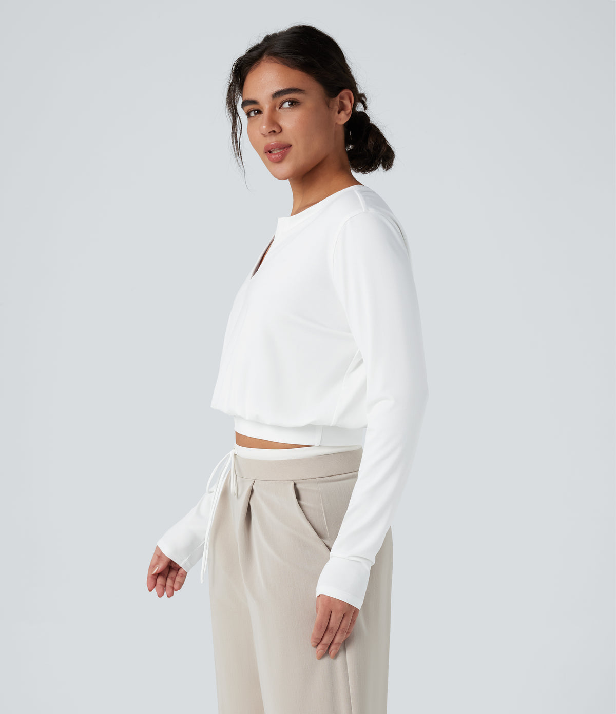 Henley Long Sleeve Casual T-Shirt — White — view 3