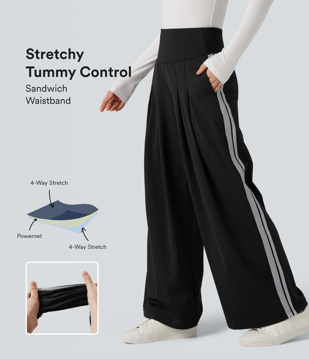 High Waisted Tummy Control Wide Leg Stripe Color Block Work Trousers with Pockets — Black — view 1