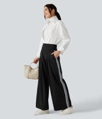 High Waisted Tummy Control Wide Leg Stripe Color Block Work Trousers with Pockets — Black — view 6