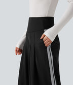 High Waisted Tummy Control Wide Leg Stripe Color Block Work Trousers with Pockets — Black — view 4