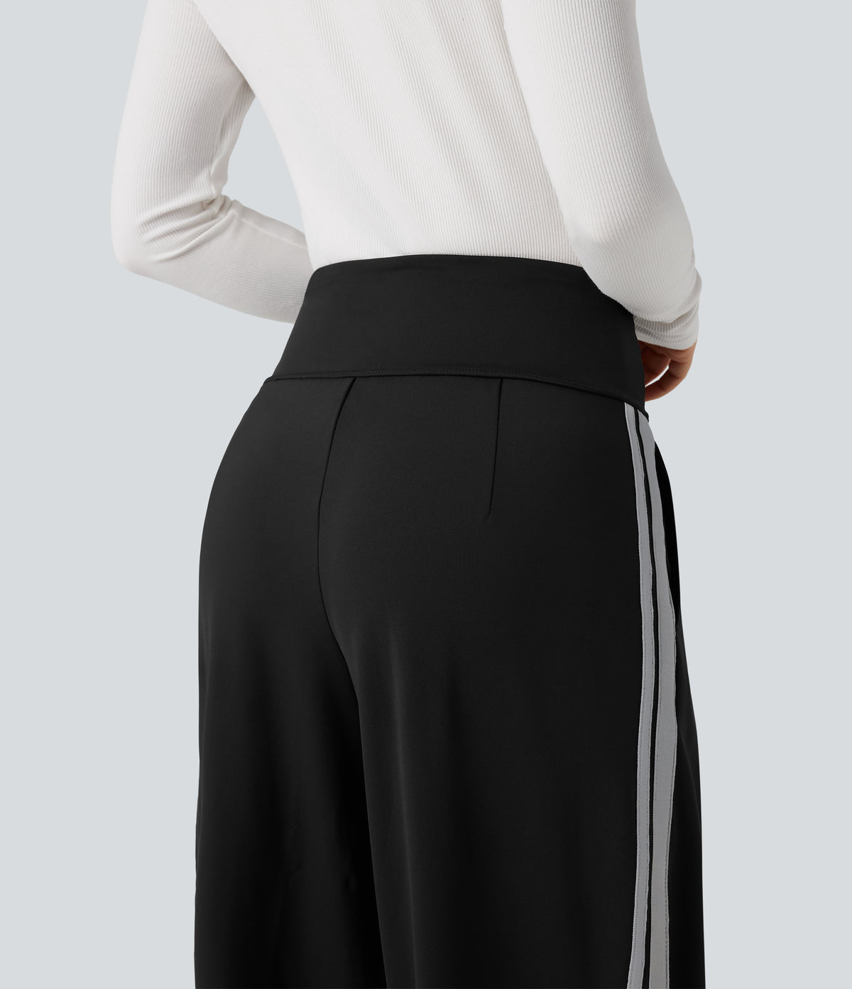 High Waisted Tummy Control Wide Leg Stripe Color Block Work Trousers with Pockets — Black — view 5