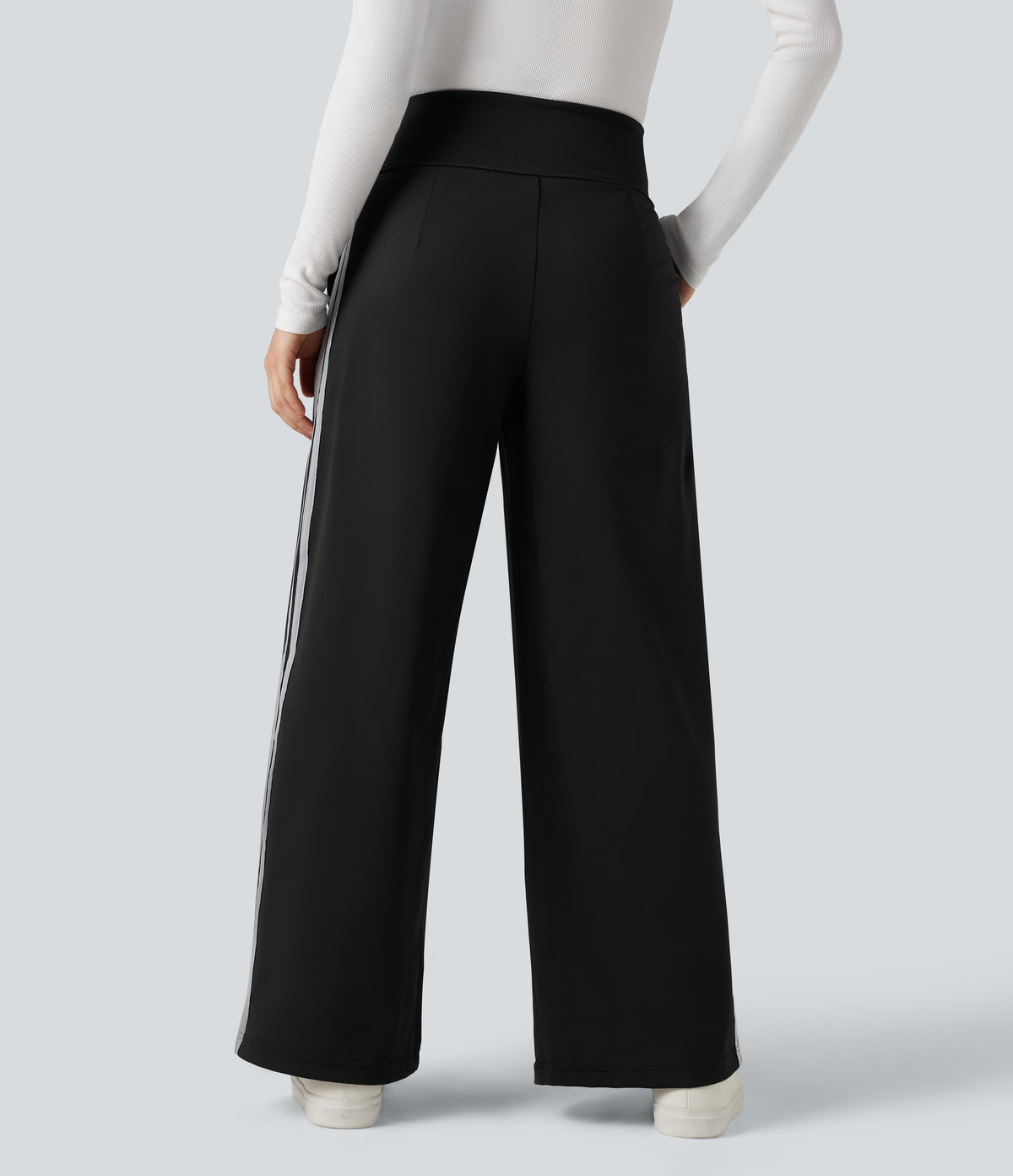 High Waisted Tummy Control Wide Leg Stripe Color Block Work Trousers with Pockets — Black — view 2
