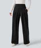 High Waisted Tummy Control Wide Leg Stripe Color Block Work Trousers with Pockets — Black — view 3