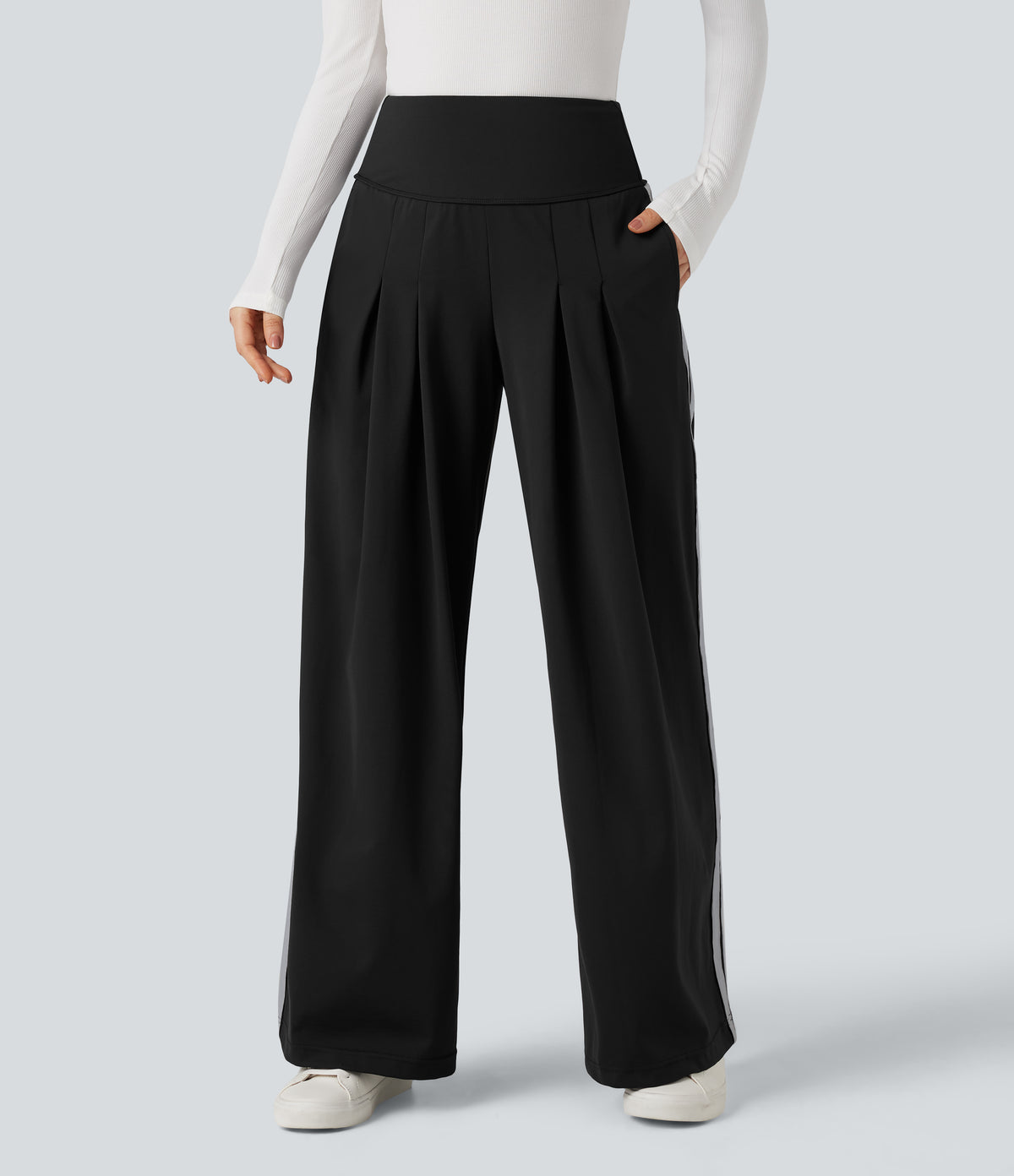 High Waisted Tummy Control Wide Leg Stripe Color Block Work Trousers with Pockets — Black — view 3