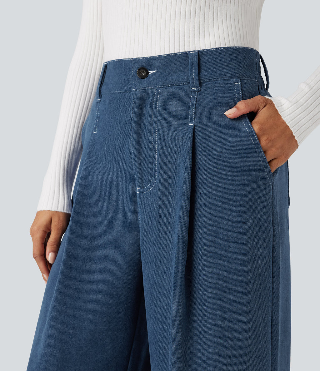 High Waisted Casual Baggy Trousers with Pockets — Light Denim Blue — view 4