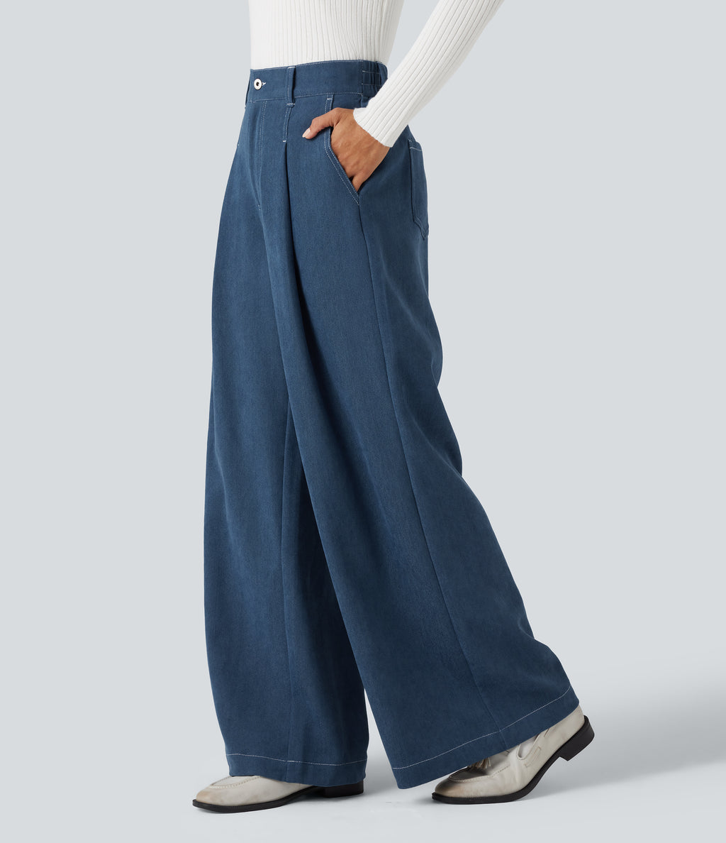 High Waisted Casual Baggy Trousers with Pockets — Light Denim Blue — view 1