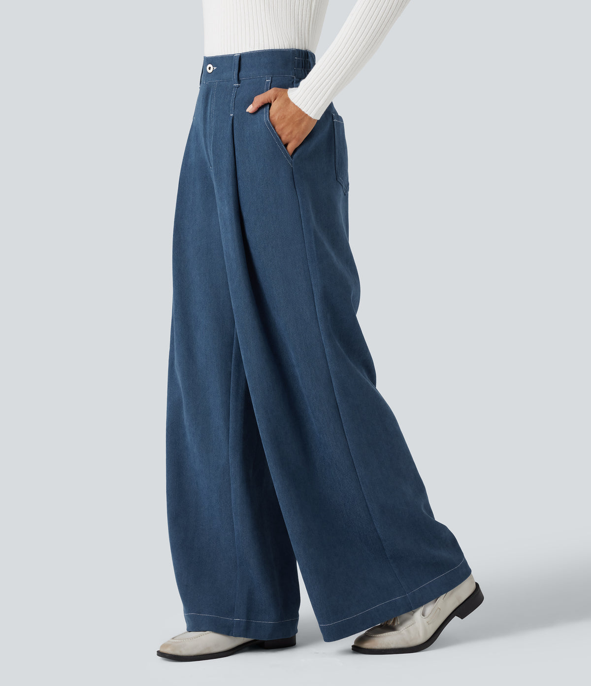 High Waisted Casual Baggy Trousers with Pockets — Light Denim Blue — view 1