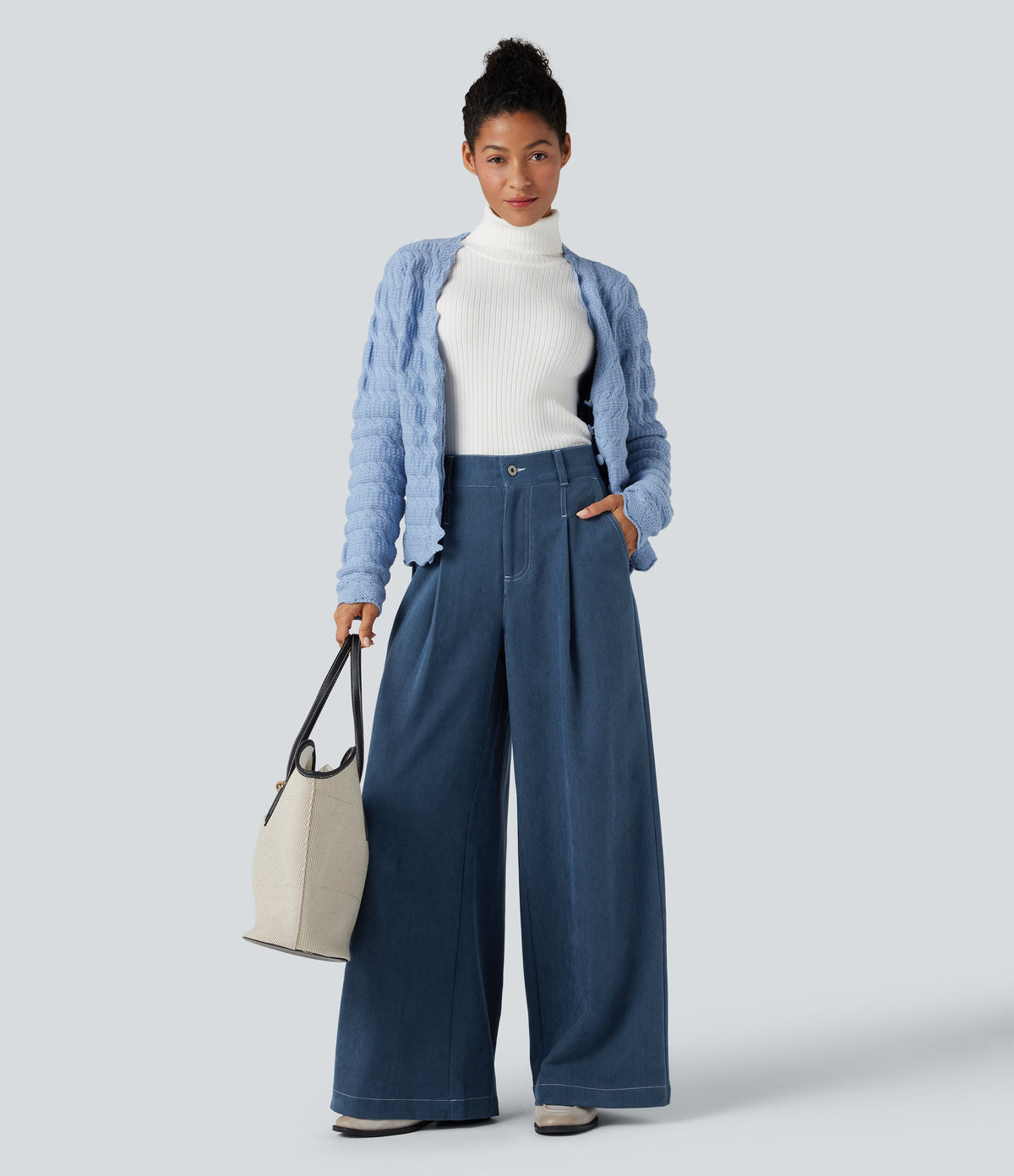 High Waisted Casual Baggy Trousers with Pockets — Light Denim Blue — view 6