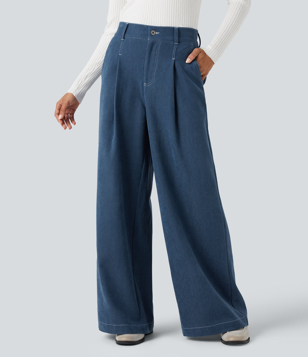 High Waisted Casual Baggy Trousers with Pockets — Light Denim Blue — view 3