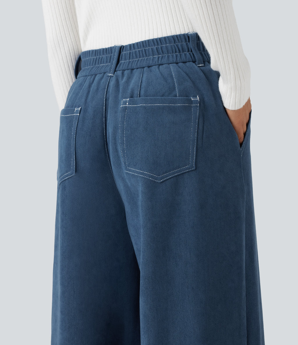High Waisted Casual Baggy Trousers with Pockets — Light Denim Blue — view 5
