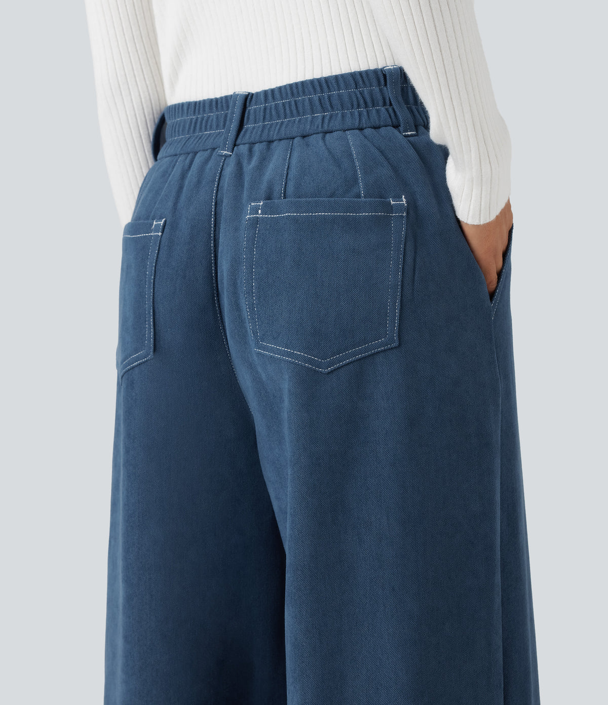 High Waisted Casual Baggy Trousers with Pockets — Light Denim Blue — view 5