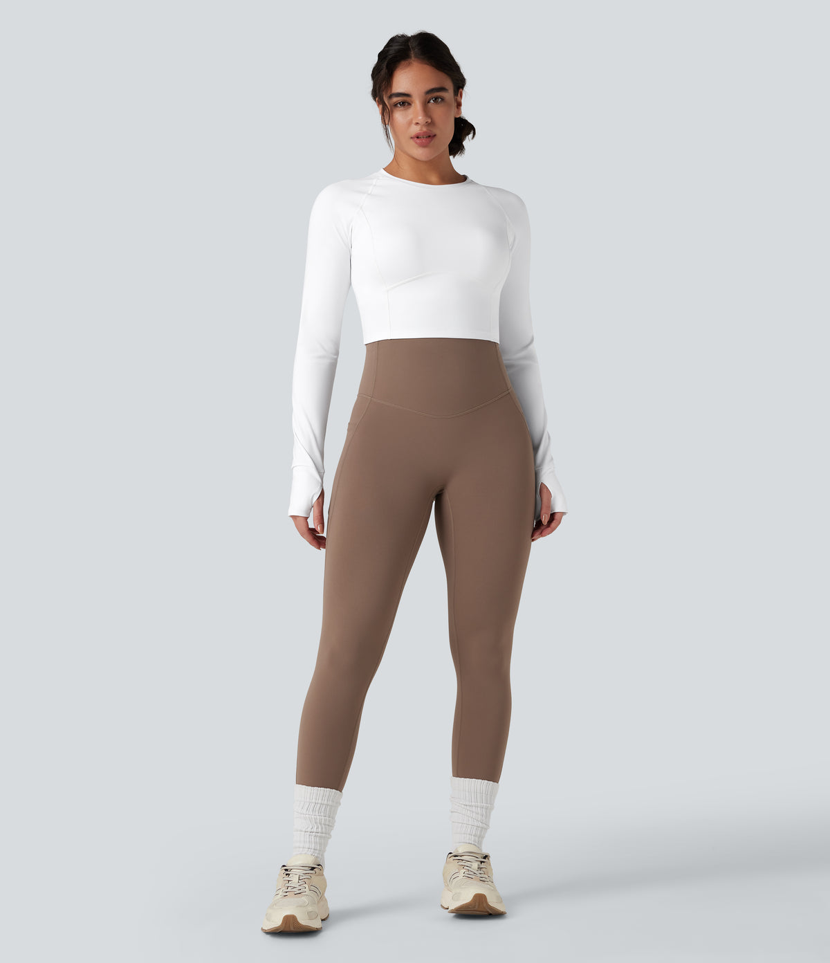 Airy Push-Up Long Sleeve Thumb Hole Contrast Mesh InstantCool Yoga Sports Top — White — view 7