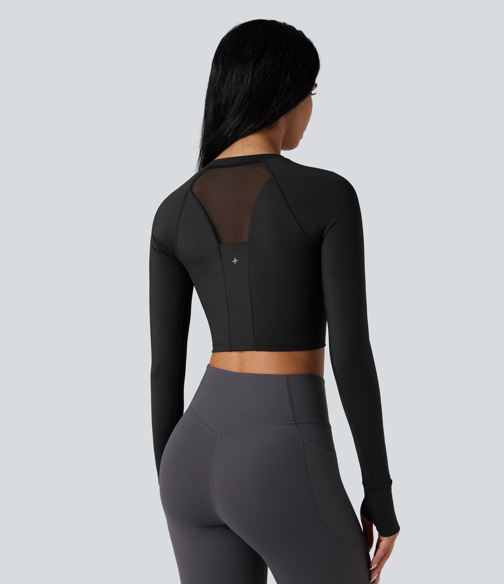Airy Push-Up Long Sleeve Thumb Hole Contrast Mesh InstantCool Yoga Sports Top — Black — view 9