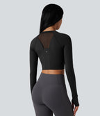 Airy Push-Up Long Sleeve Thumb Hole Contrast Mesh InstantCool Yoga Sports Top — Black — view 9