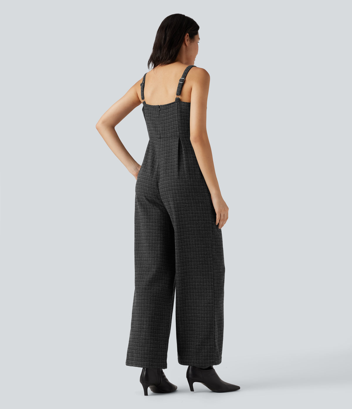 Plaid Casual Jumpsuit with Pockets — Black Rib Knit — view 2