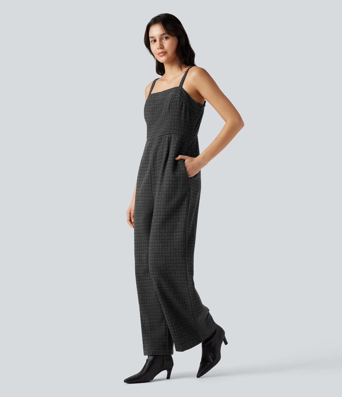 Plaid Casual Jumpsuit with Pockets — Black Rib Knit — view 3