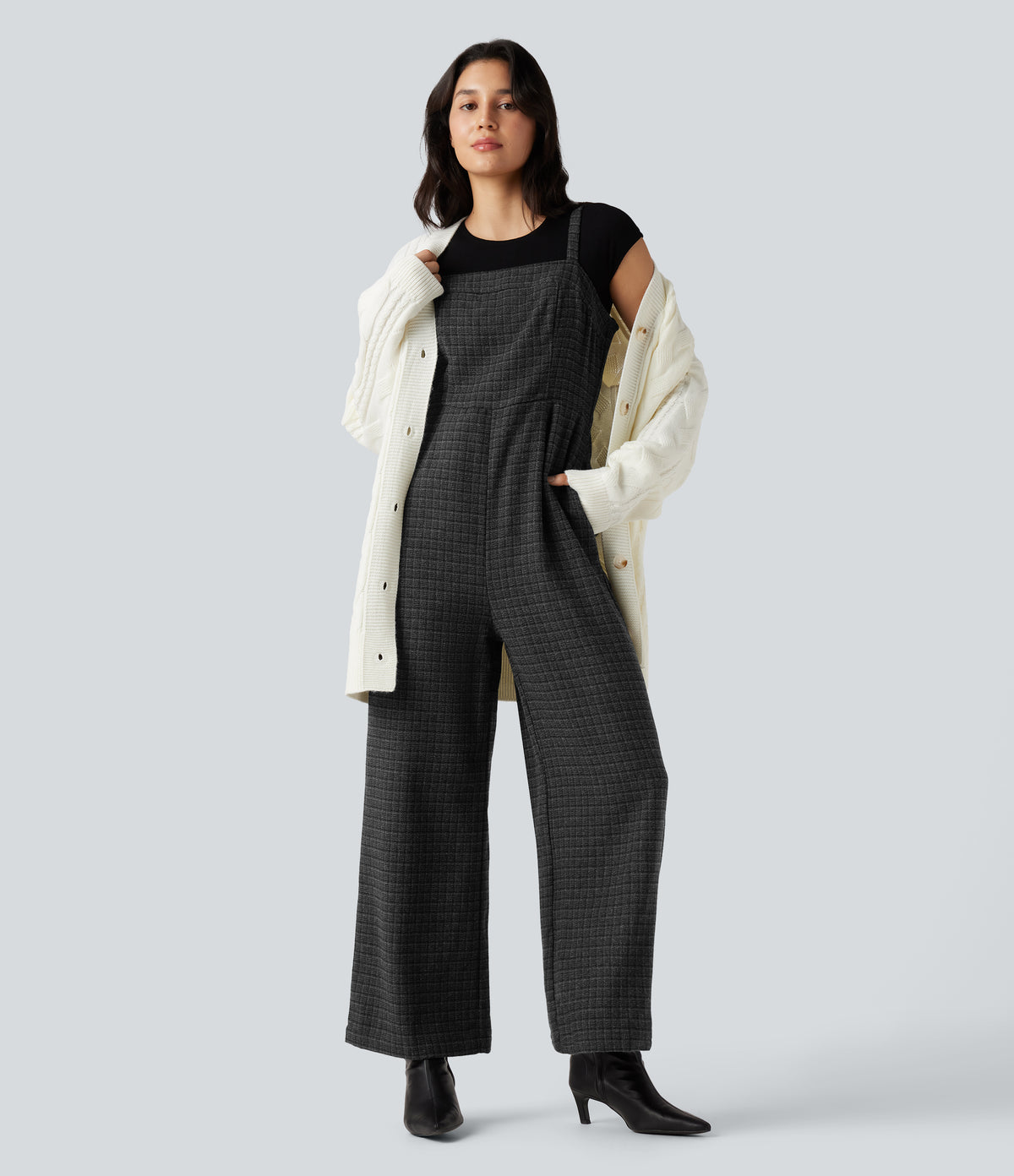 Plaid Casual Jumpsuit with Pockets — Black Rib Knit — view 7