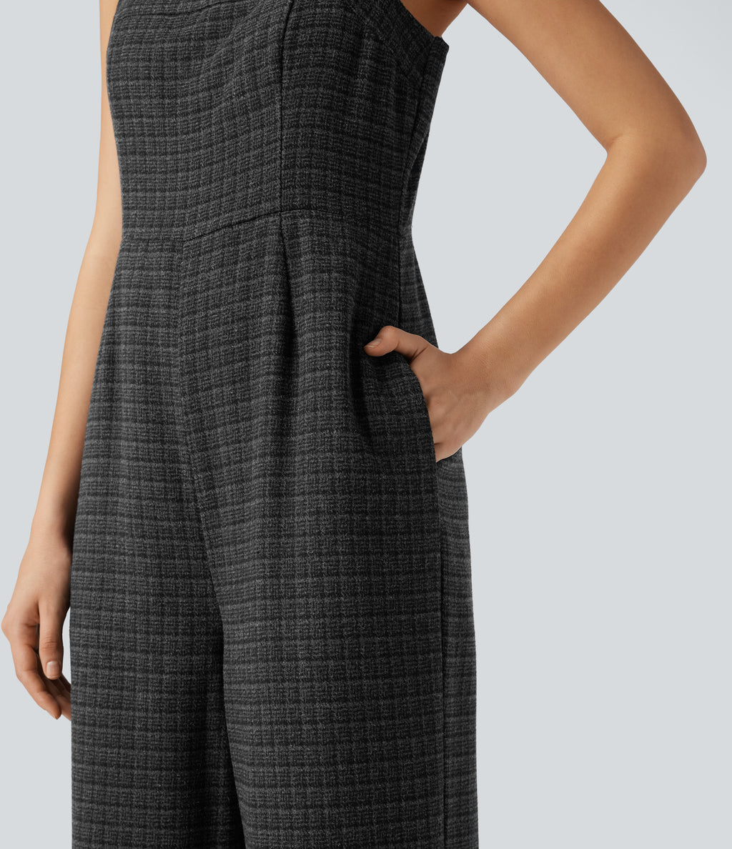 Plaid Casual Jumpsuit with Pockets — Black Rib Knit — view 6