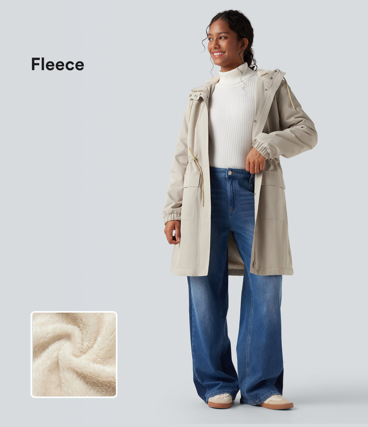 Hooded Long Sleeve Drawstring Longline Fleece Casual Parka Coat with Pockets — Ancient Scroll — view 1