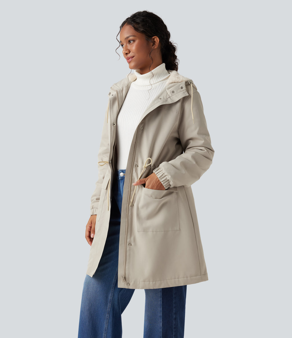 Hooded Long Sleeve Drawstring Longline Fleece Casual Parka Coat with Pockets — Ancient Scroll — view 4