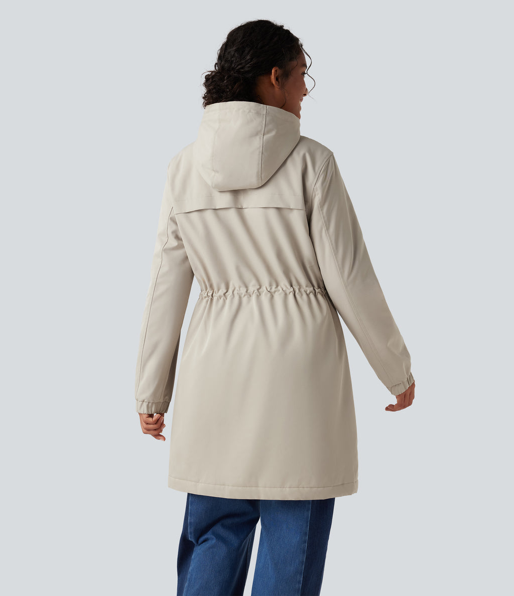 Hooded Long Sleeve Drawstring Longline Fleece Casual Parka Coat with Pockets — Ancient Scroll — view 3