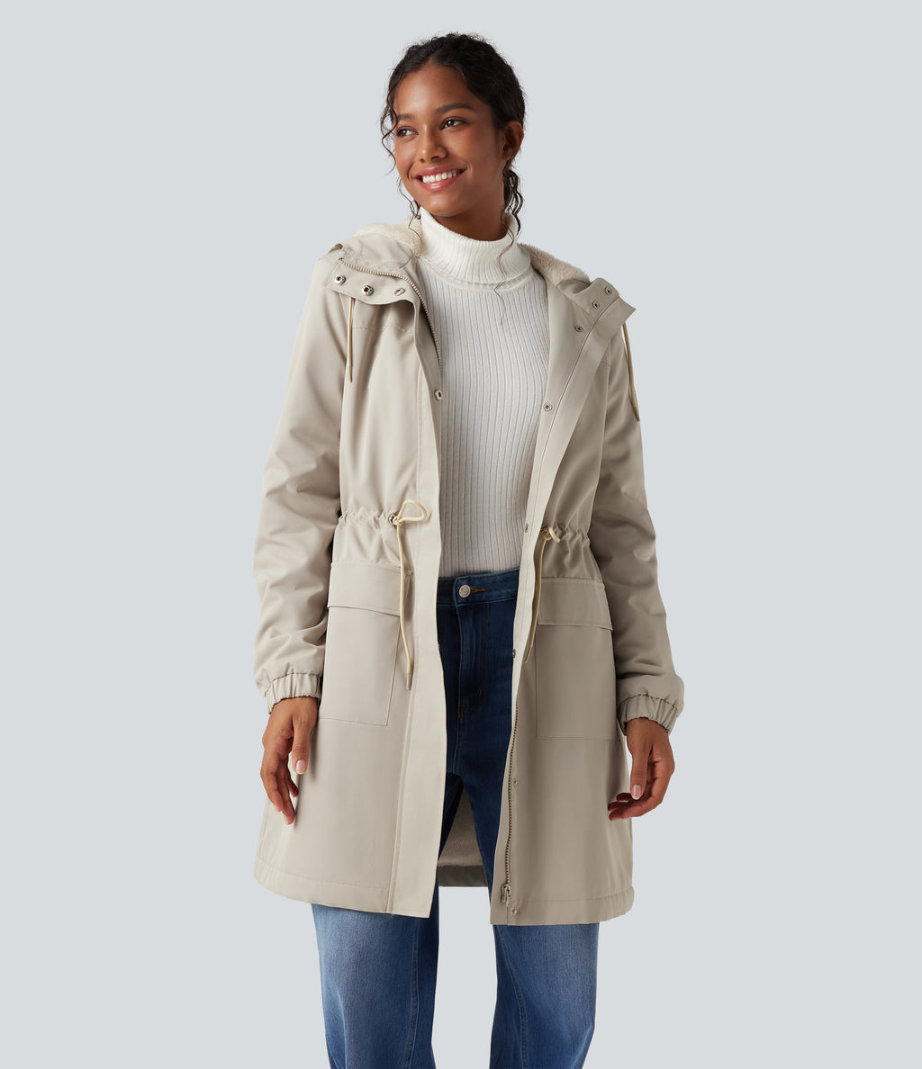 Hooded Long Sleeve Drawstring Longline Fleece Casual Parka Coat with Pockets — Ancient Scroll — view 2