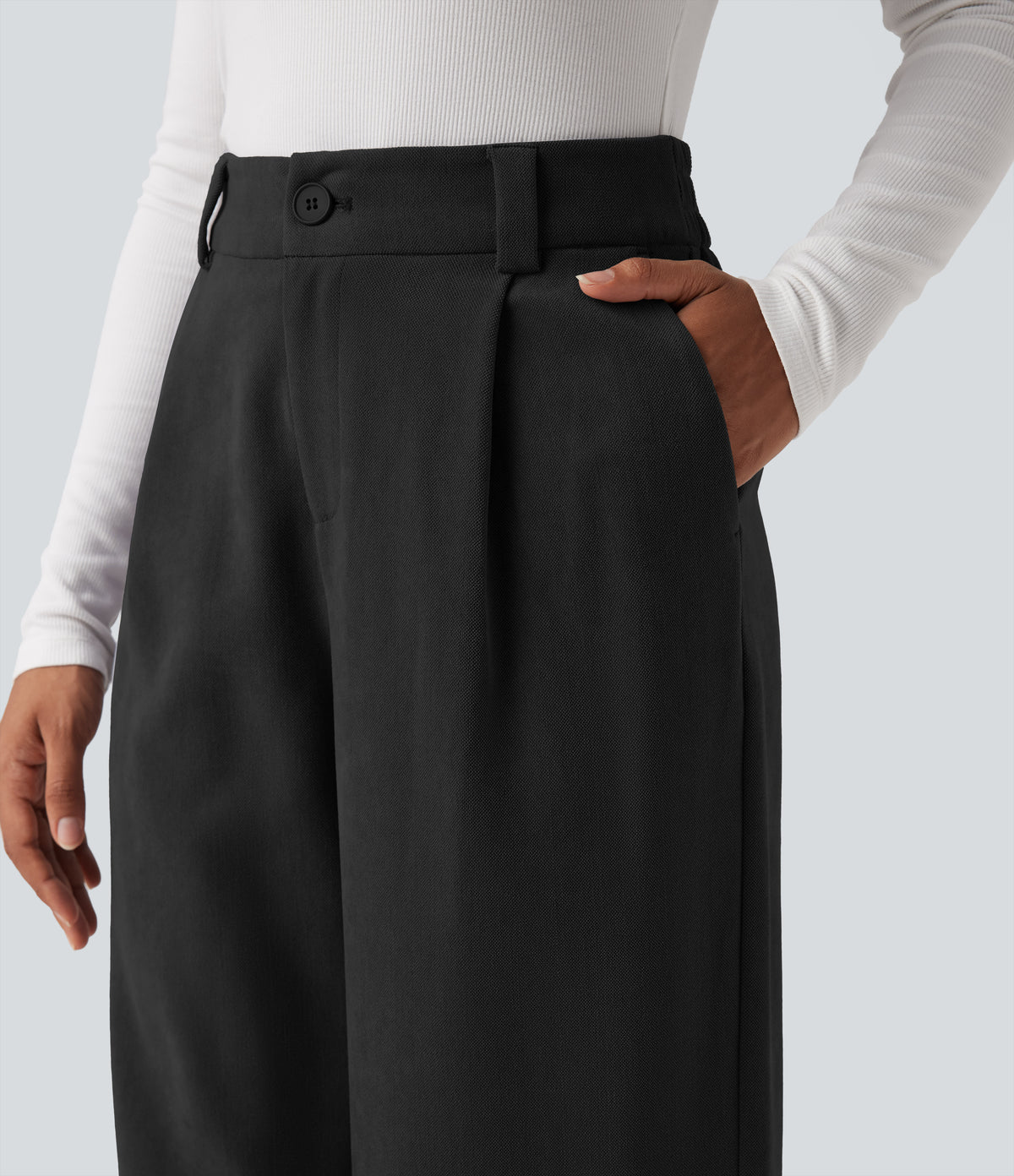 High Waisted Work Baggy Trousers with Pockets — Black — view 6