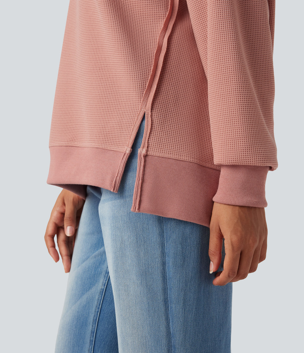 Round Neck Long Sleeve Split Hem Waffle Casual Sweatshirt — Dusty Pink — view 5