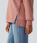 Round Neck Long Sleeve Split Hem Waffle Casual Sweatshirt — Dusty Pink — view 5