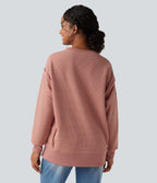 Round Neck Long Sleeve Split Hem Waffle Casual Sweatshirt — Dusty Pink — view 2
