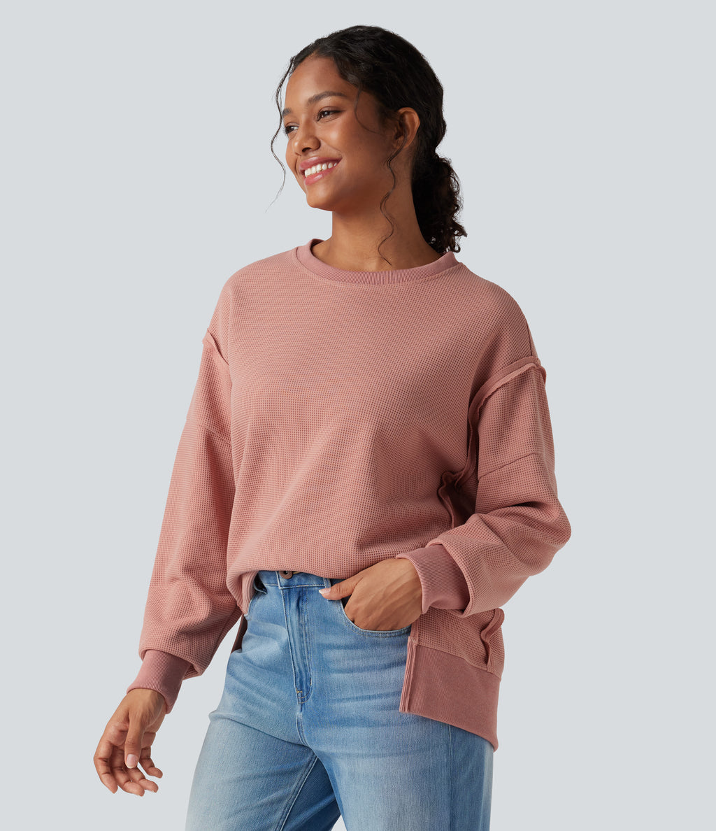 Round Neck Long Sleeve Split Hem Waffle Casual Sweatshirt — Dusty Pink — view 3