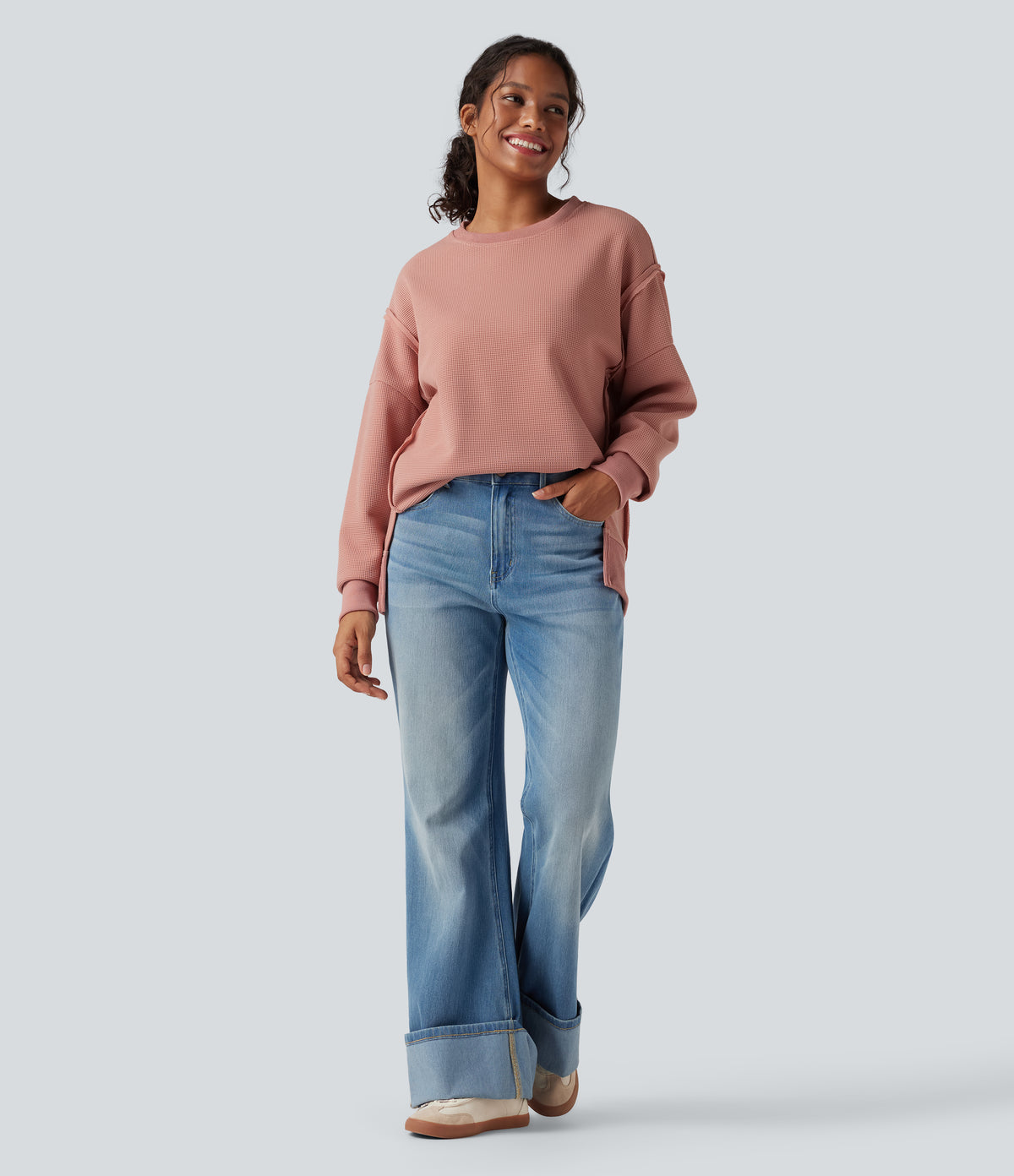 Round Neck Long Sleeve Split Hem Waffle Casual Sweatshirt — Dusty Pink — view 6