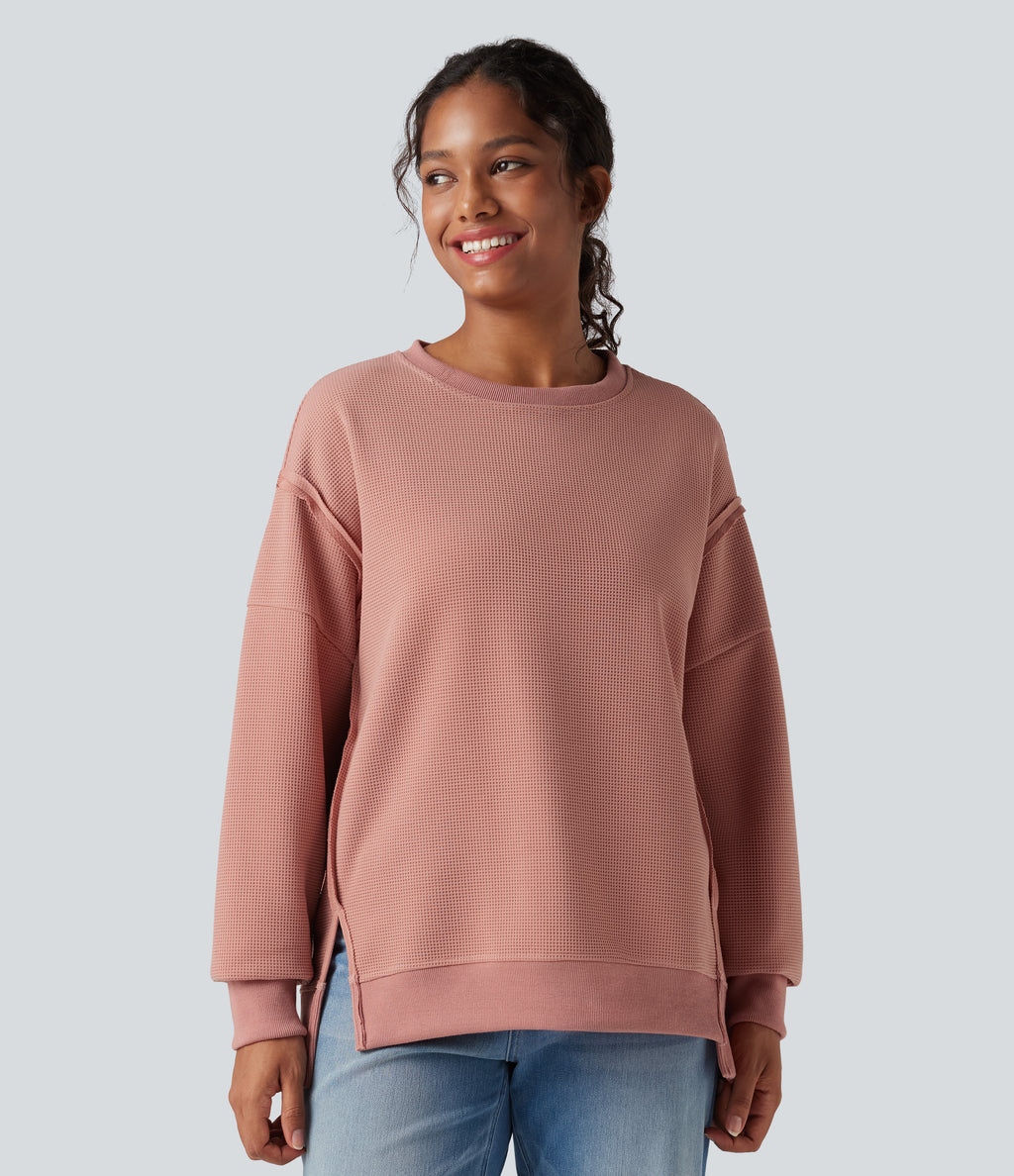 Round Neck Long Sleeve Split Hem Waffle Casual Sweatshirt — Dusty Pink — view 4