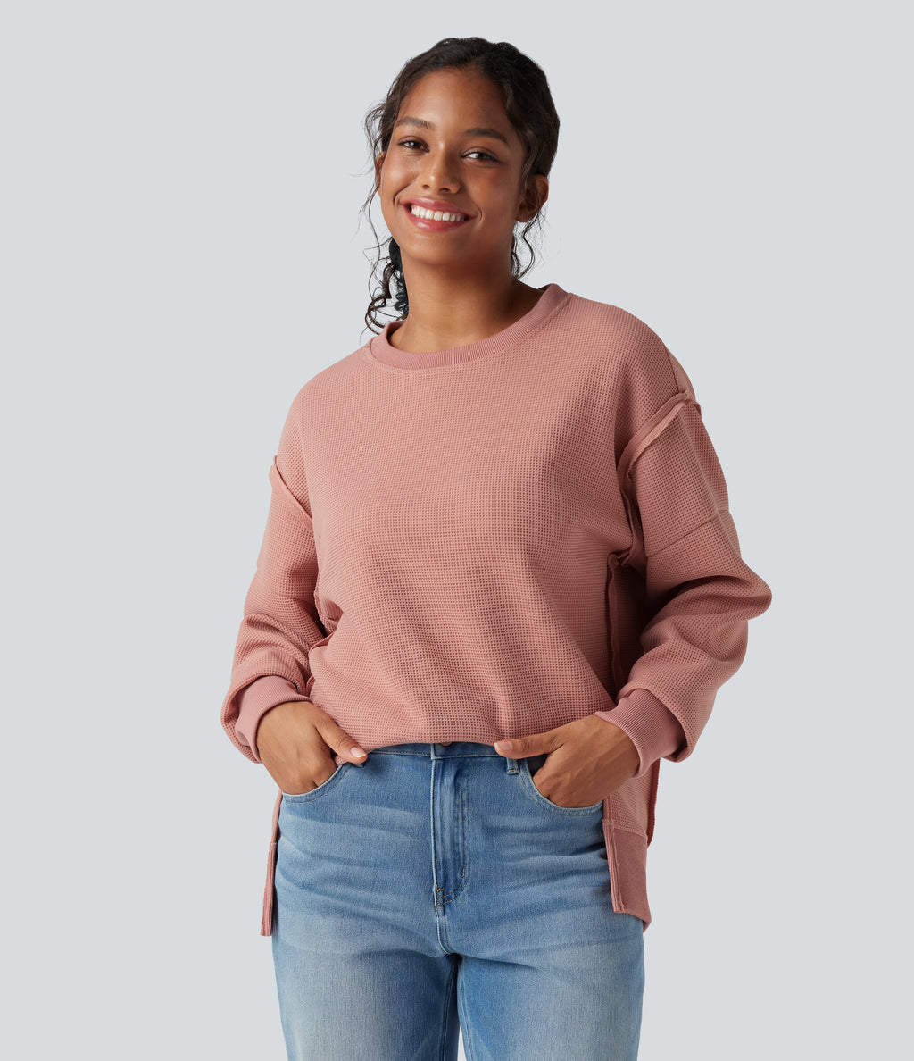 Round Neck Long Sleeve Split Hem Waffle Casual Sweatshirt — Dusty Pink — view 1