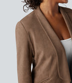 Shawl Collar Suede Work Blazer with Pockets — Coca Mocha — view 4