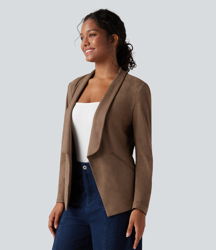 Shawl Collar Suede Work Blazer with Pockets — Coca Mocha — view 1