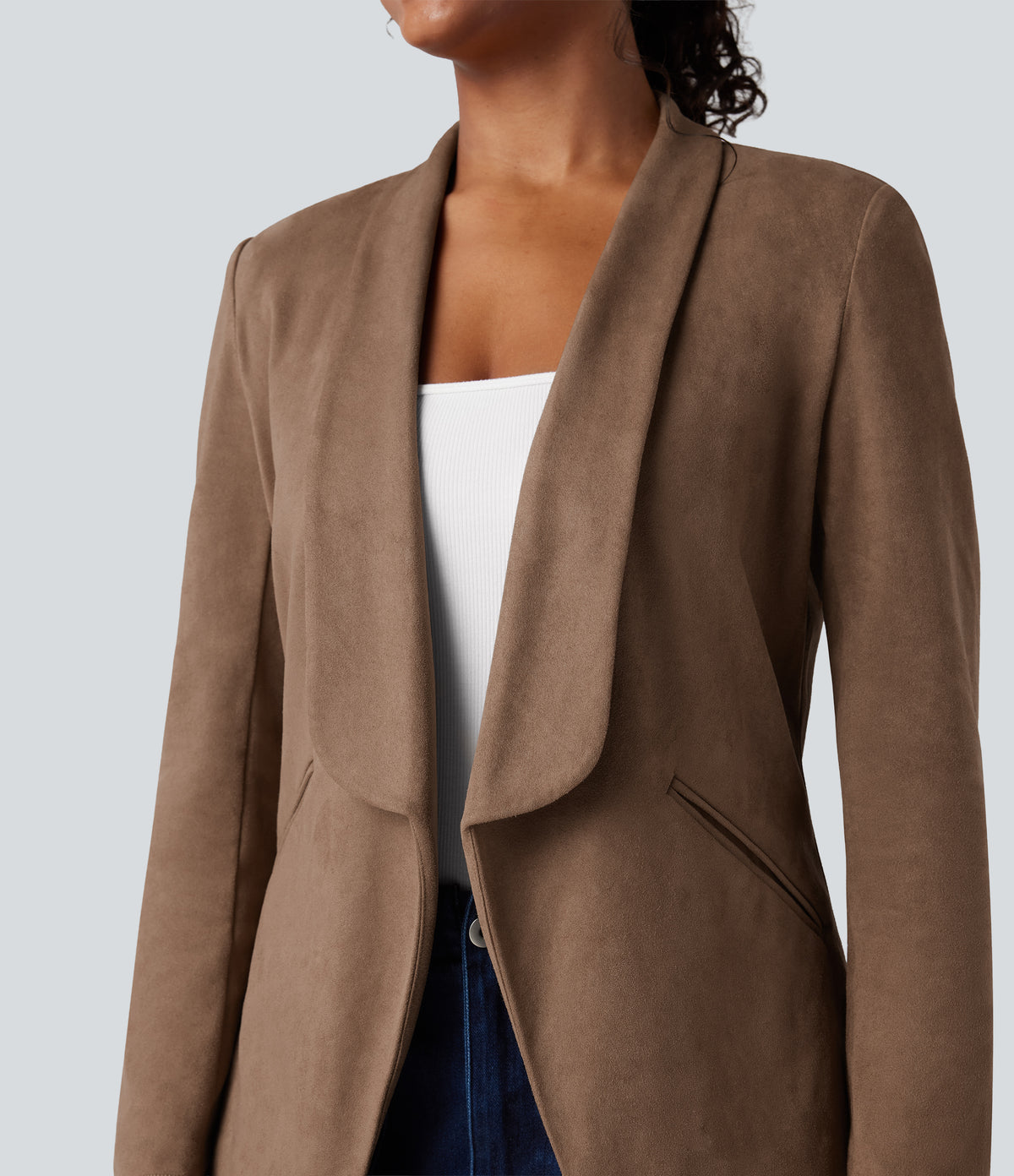 Shawl Collar Suede Work Blazer with Pockets — Coca Mocha — view 5
