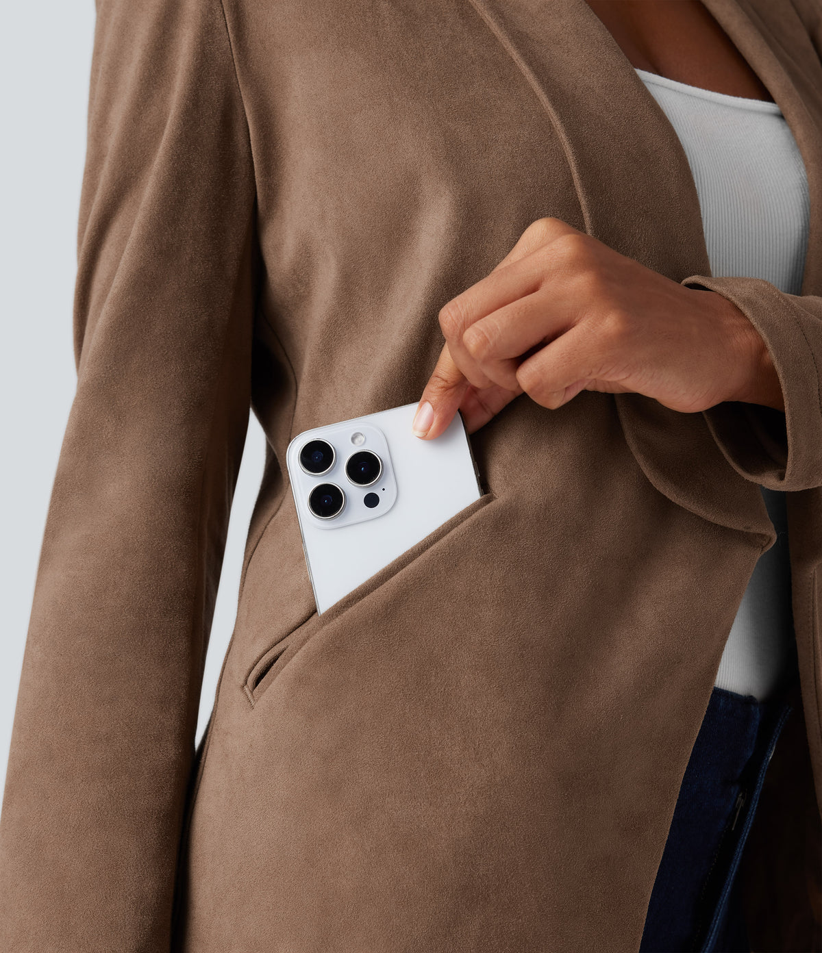 Shawl Collar Suede Work Blazer with Pockets — Coca Mocha — view 6