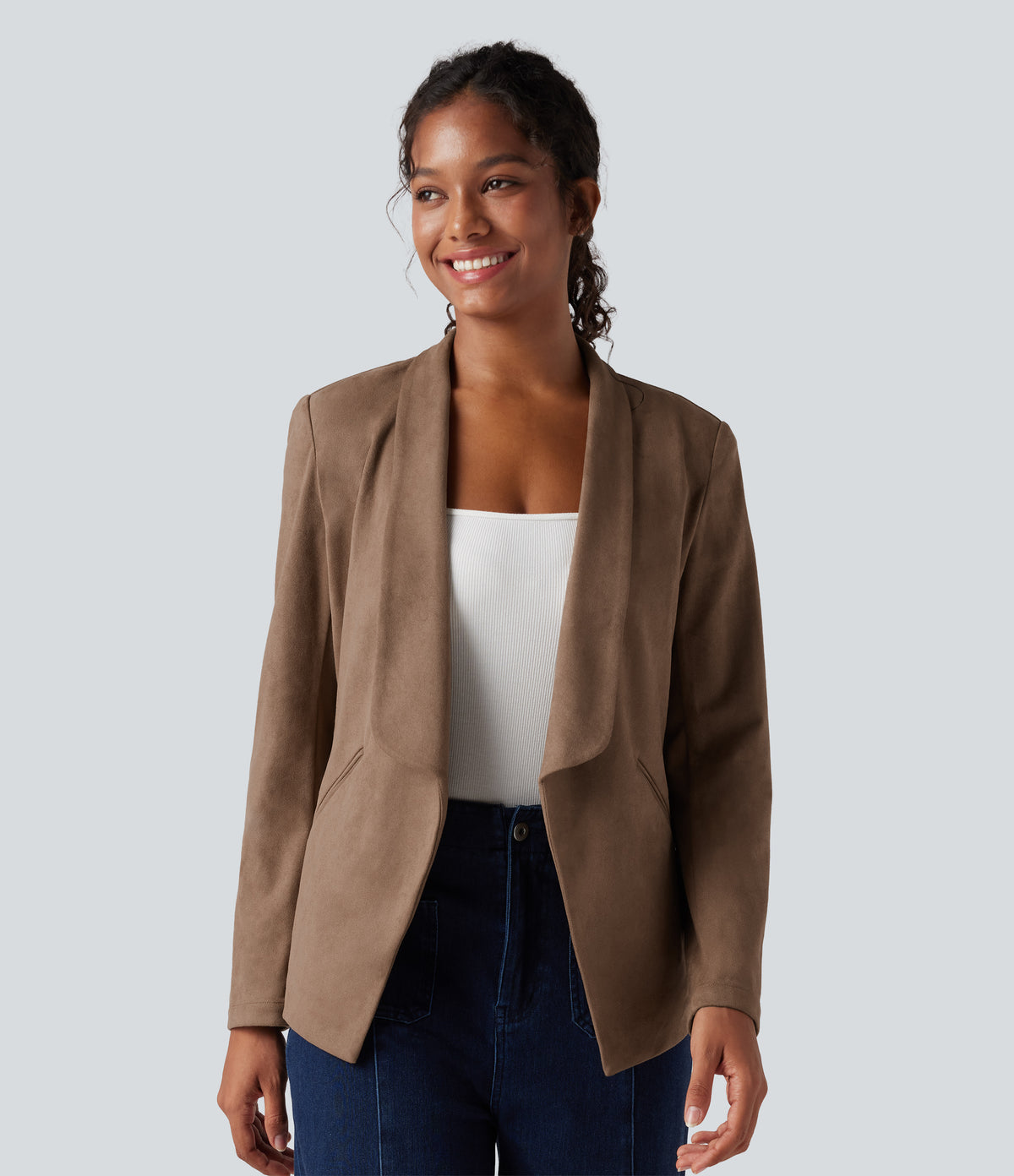Shawl Collar Suede Work Blazer with Pockets — Coca Mocha — view 3