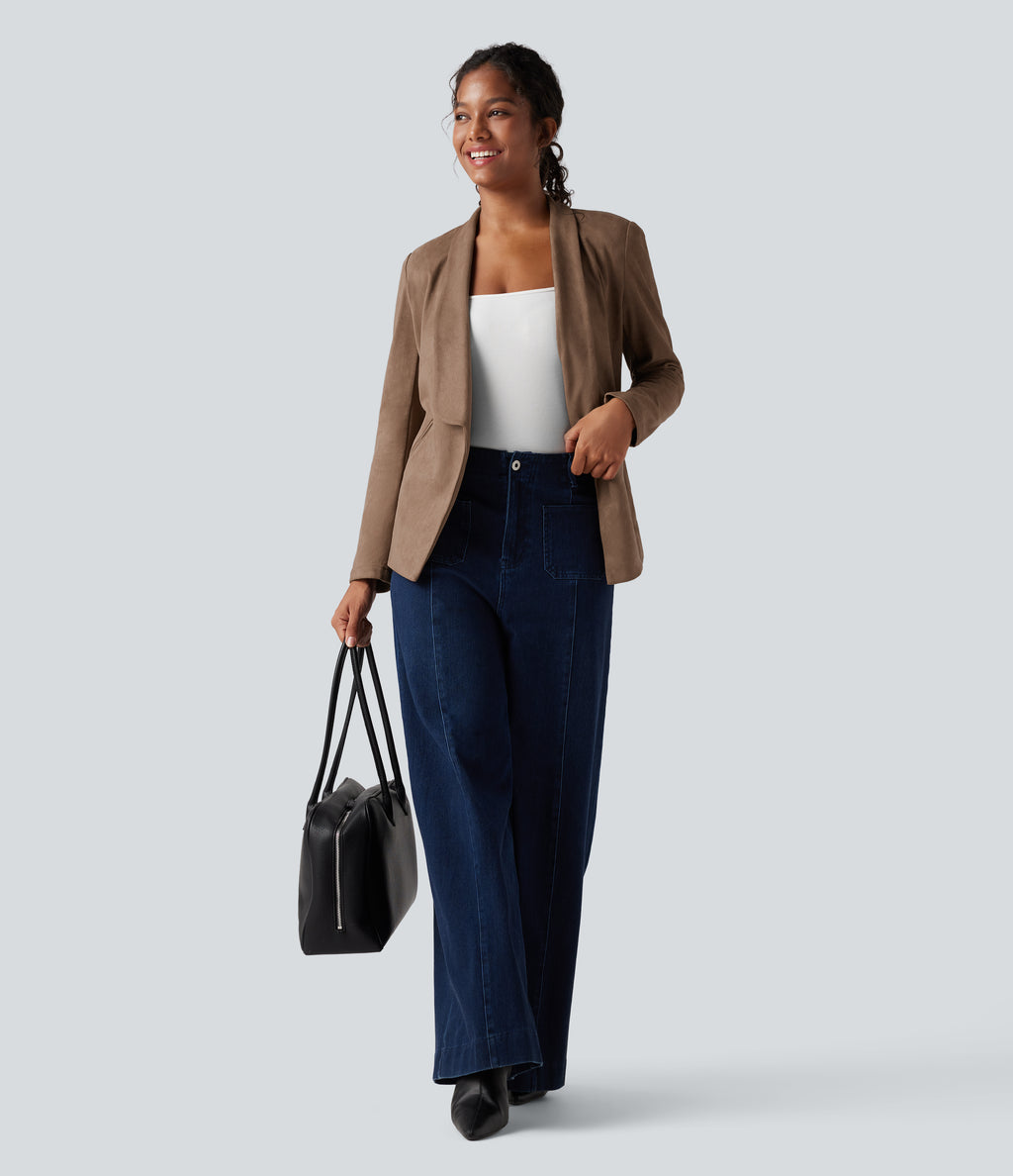 Shawl Collar Suede Work Blazer with Pockets — Coca Mocha — view 7