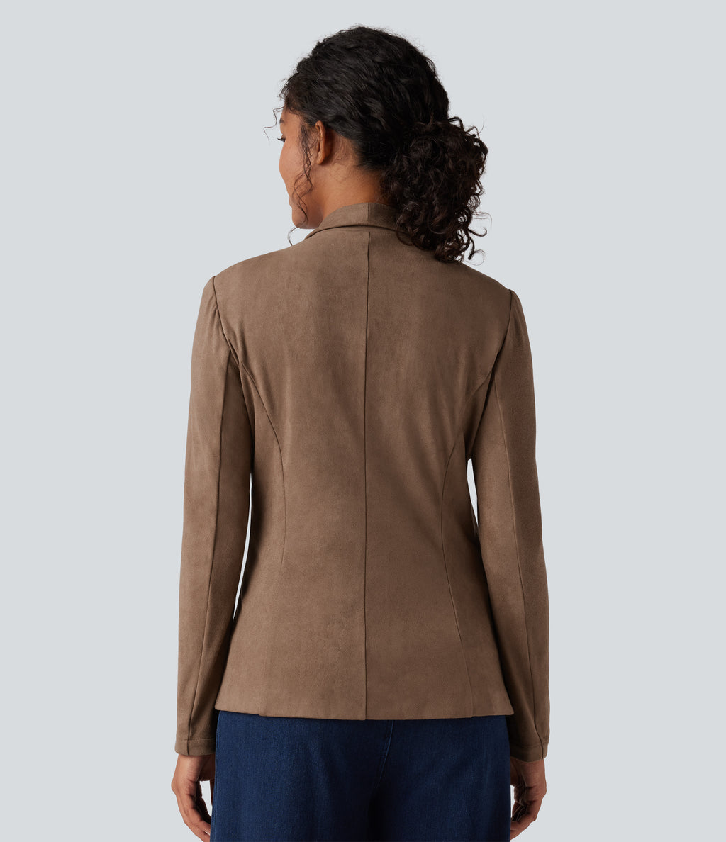 Shawl Collar Suede Work Blazer with Pockets — Coca Mocha — view 2