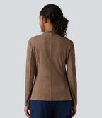 Shawl Collar Suede Work Blazer with Pockets — Coca Mocha — view 2