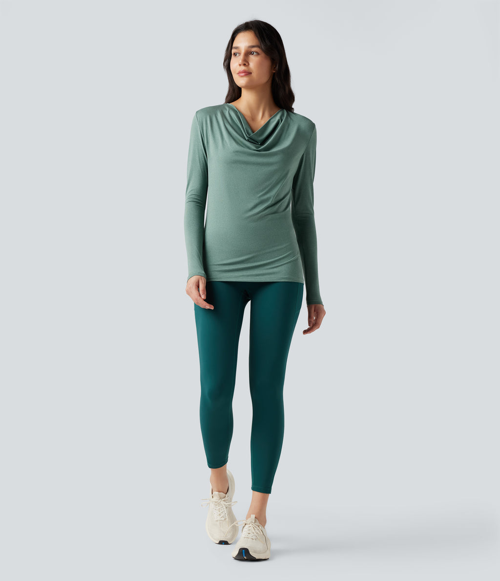 Cowl Neck Long Sleeve Running Sports Top — Azure — view 5