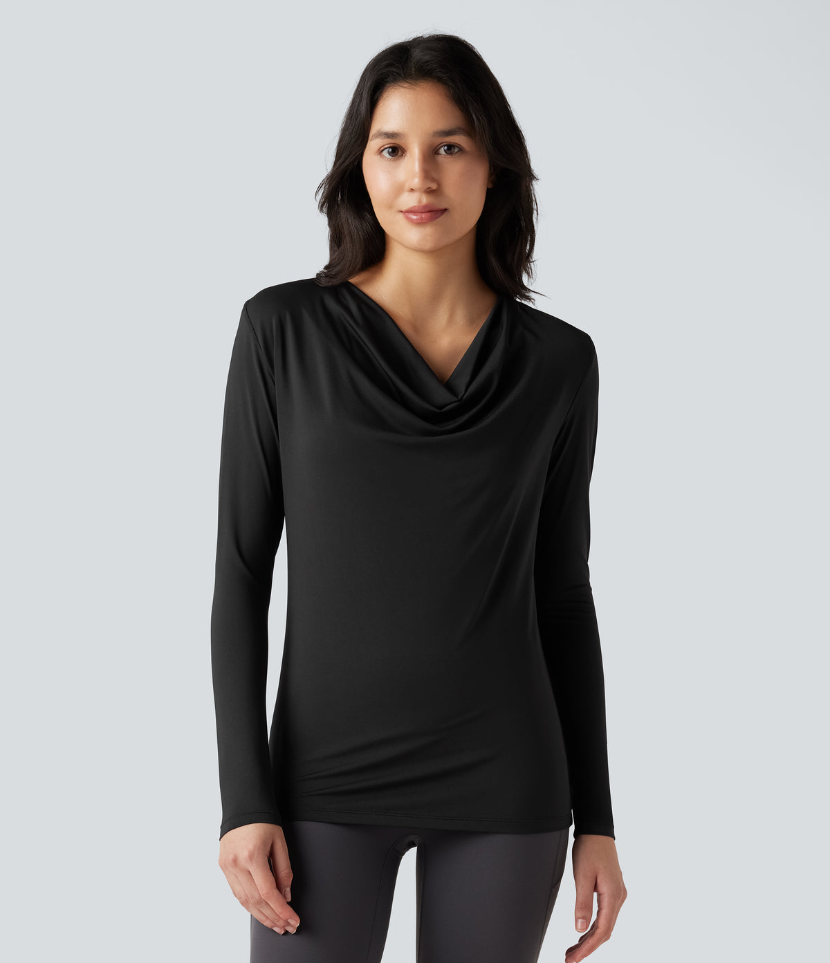 Cowl Neck Long Sleeve Running Sports Top — Black — view 6
